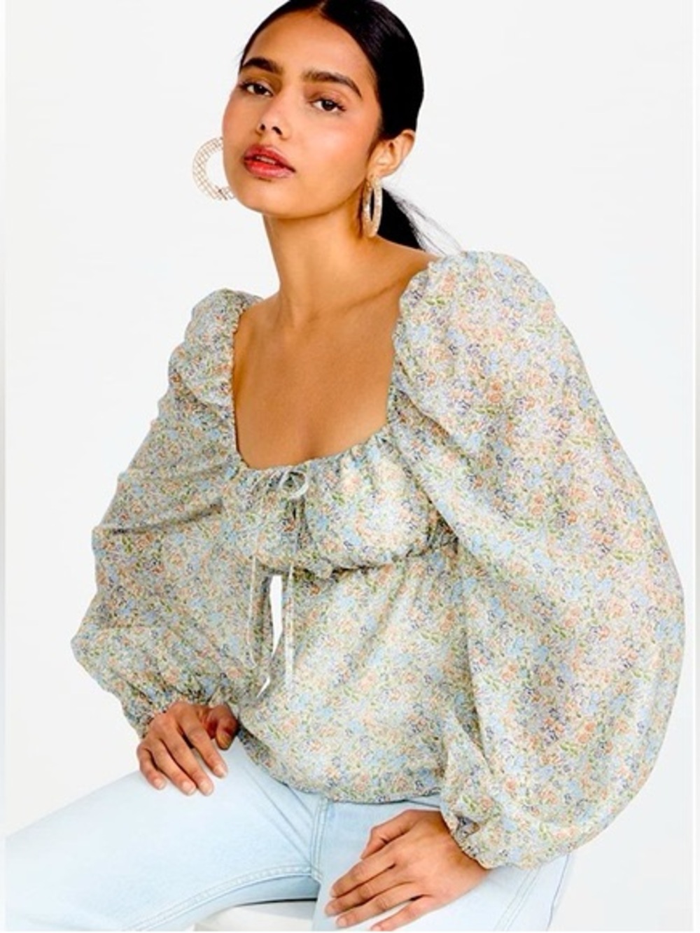 MINKPINK Cream Floral Square-Neck Puff Sleeve Blouse